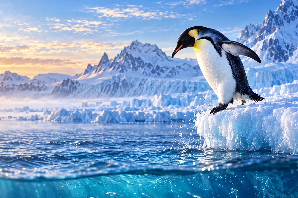 氷棚の縁で青い海へ踏み出そうとするペンギン